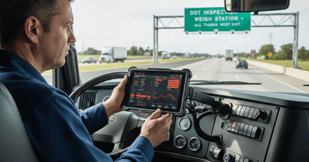 HOS violations truckers should avoid, shown by a commercial truck driver reviewing an electronic logging device inside a semi-truck cab while approaching a DOT inspection weigh station.