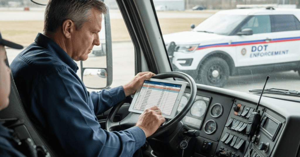 A focused commercial truck driver inside a cab reviews electronic logs on a tablet to check for potential log book errors during a roadside inspection, with a DOT enforcement vehicle visible through the windshield.