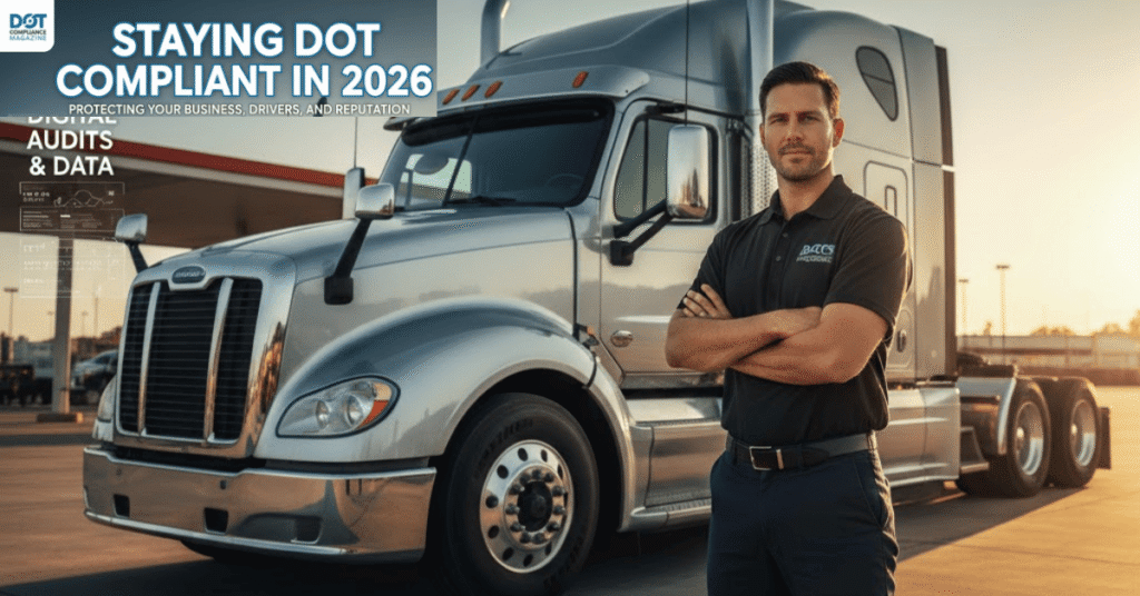 A professional wide-angle shot for a 2026 DOT compliance guide featuring a confident male fleet manager standing with crossed arms in front of a modern silver semi-truck. The background shows a clean transport yard at sunset. The image includes overlaid text: "STAYING DOT COMPLIANT IN 2026" and icons representing digital audits and data security.