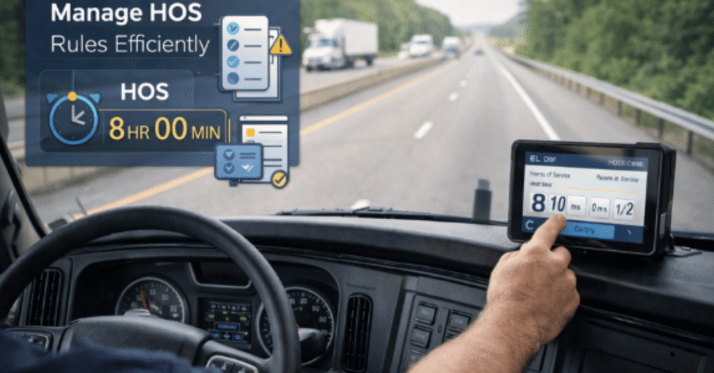 HOS rules displayed on an electronic logging device inside a commercial truck cab, showing hours-of-service tracking while driving on a highway.