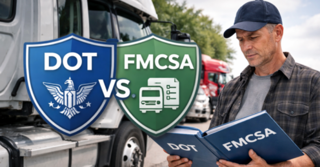 DOT vs FMCSA illustrated by a truck driver reviewing regulatory documents beside a commercial truck, highlighting differences in federal trucking oversight and compliance.