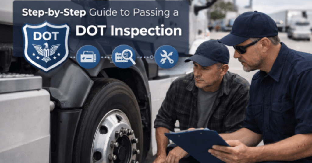 DOT inspection illustrated by a truck driver and safety inspector reviewing a checklist while inspecting a commercial truck wheel and maintenance components.