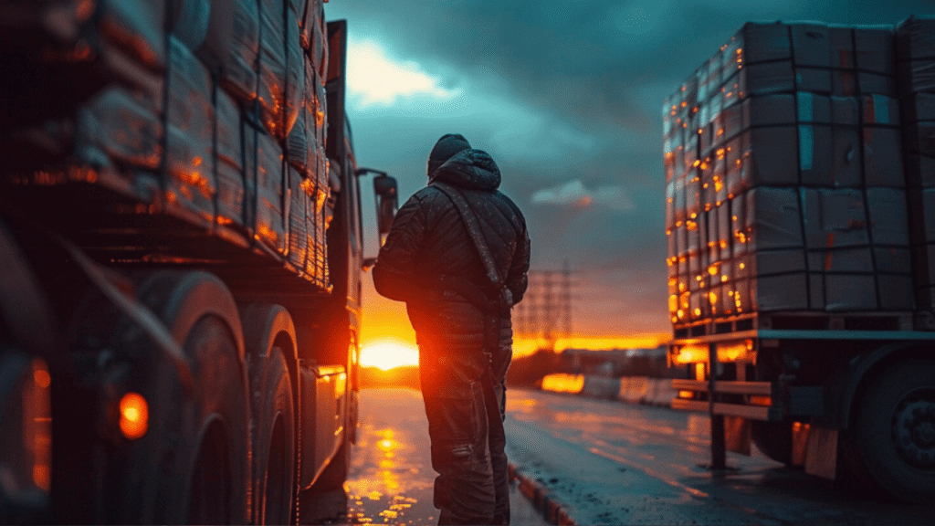 Truck driver following TDG rules during a roadside stop near loaded trailers.”