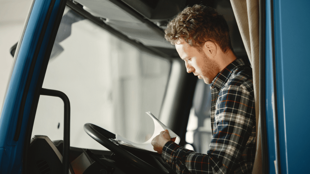 Truck driver reviewing paperwork inside a semi-truck cab for accurate HOS tracking and hours of service compliance.