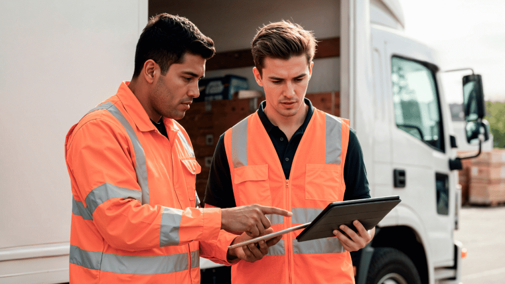 Two trucking professionals reviewing compliance data on a tablet during a DOT audit at a commercial truck site.