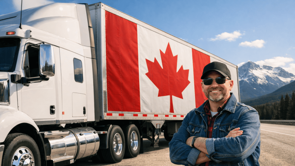 Alt text: Truck driver standing beside a semi-truck with a Canadian flag trailer on a mountain highway, representing a trucking business in Canada.