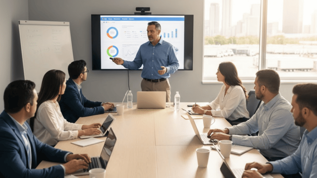 Commercial driving courses training session with an instructor presenting safety and performance metrics to a class.