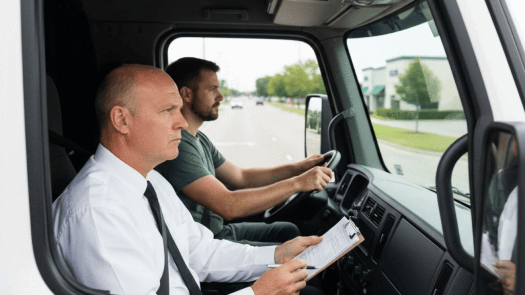 Commercial driving test with an examiner observing a trainee driver during an on-road evaluation.