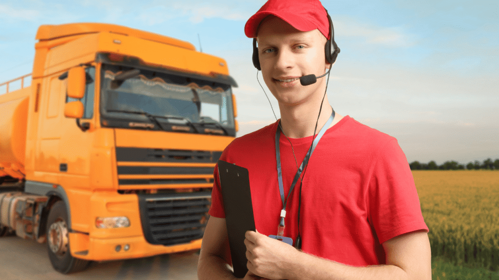 Dispatcher demonstrating strong dispatch skills while coordinating a truck route using a headset and clipboard.
