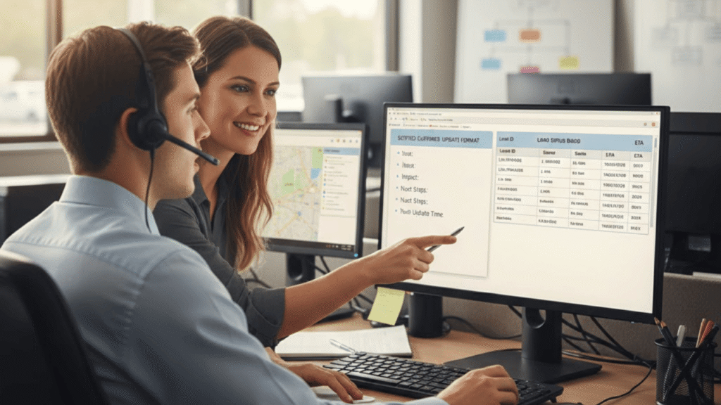 Dispatch training improves customer satisfaction as a supervisor coaches a dispatcher on load updates and ETAs