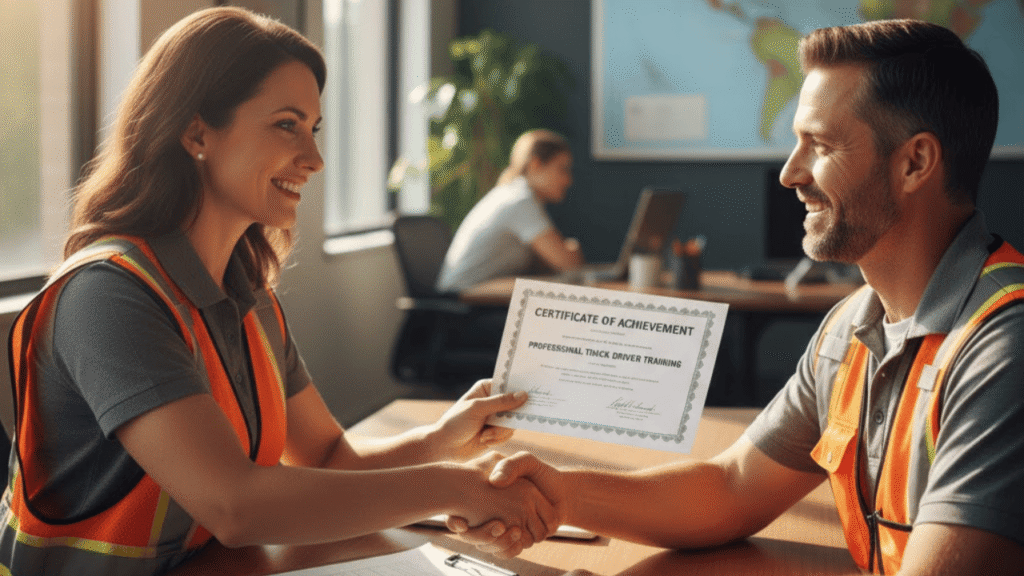 Fleet manager presents certificate during driver certification program completion meeting