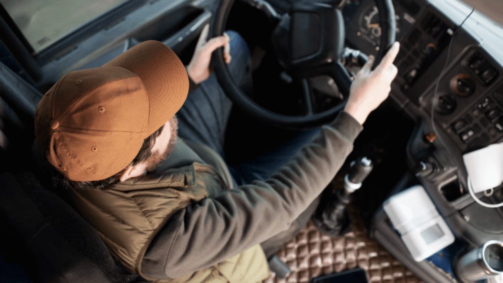 Truck driver in cab during driver training session focusing on safe controls.