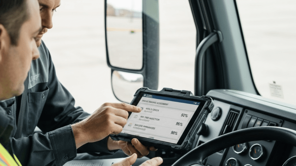 Trainer and driver review tablet dashboard to measure driver training effectiveness in a truck cab