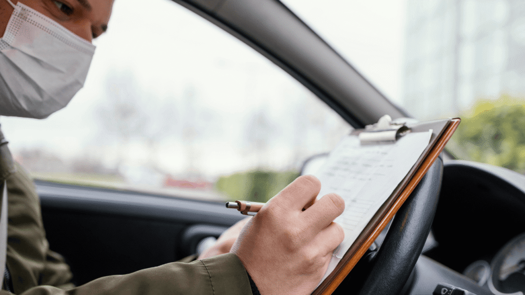 Driver training policy template checklist being completed in a vehicle