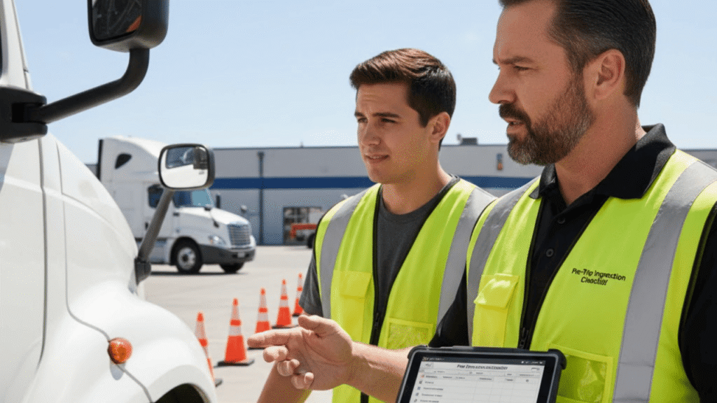 Effective fleet trainer coaching a driver during a hands-on pre-trip inspection using a digital checklist