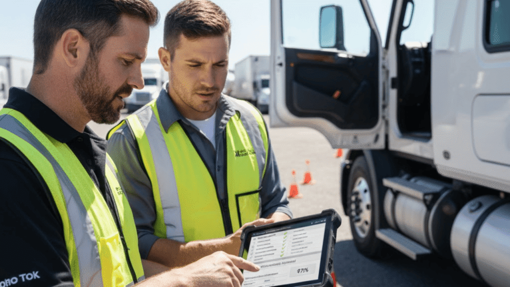 Best trucking training provider conducting hands-on driver coaching with digital checklist in a truck yard