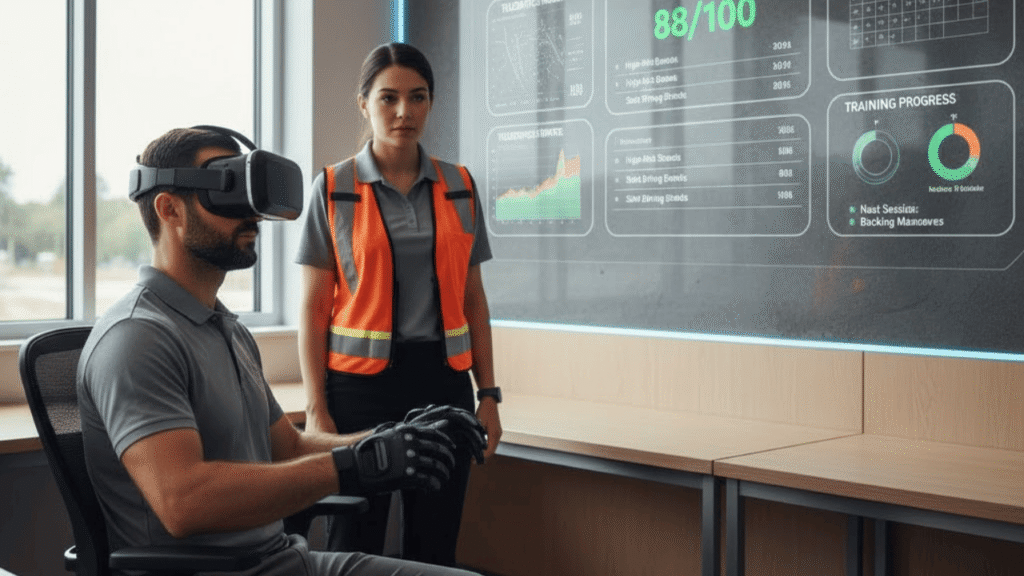 2026 driver training trends featuring VR driver training and AI coaching dashboards in a modern fleet training room