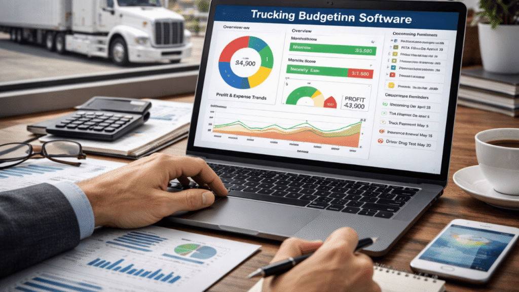 Trucking financial tools on a laptop showing budgeting software with charts and expense tracking, as a fleet manager reviews reports at an office desk with a semi-truck visible outside the window.