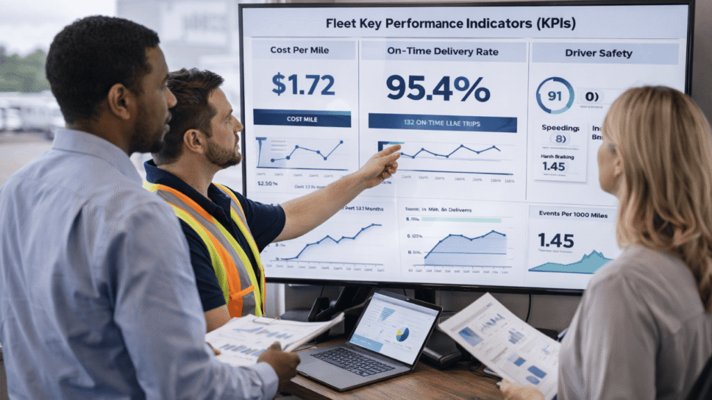 Understanding fleet KPIs through a management team reviewing dashboards showing cost per mile, on-time delivery rate, and driver safety metrics during a fleet performance meeting.