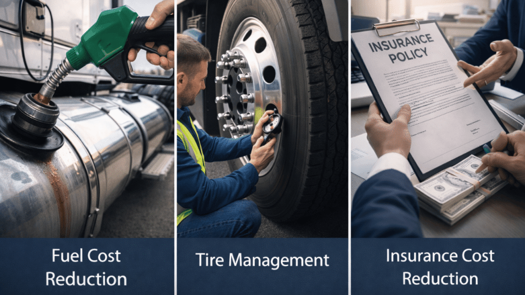 Three-panel fleet cost reduction image showing fuel cost reduction at the pump, tire management with pressure checks, and insurance cost reduction through policy review—fleet cost reduction strategies for trucking companies.