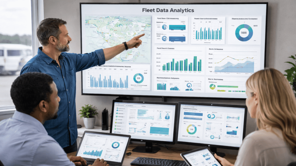 Fleet data management in action as a team reviews trucking data analytics dashboards showing vehicle locations, performance metrics, and operational trends on multiple screens.