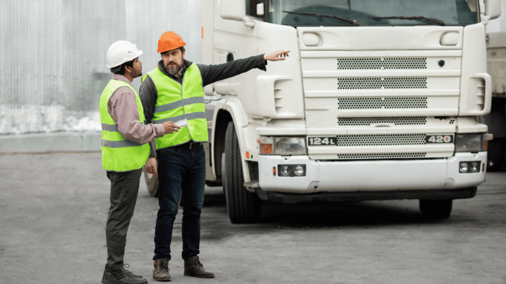 Fleet driver training program with a supervisor coaching a driver beside a commercial truck.