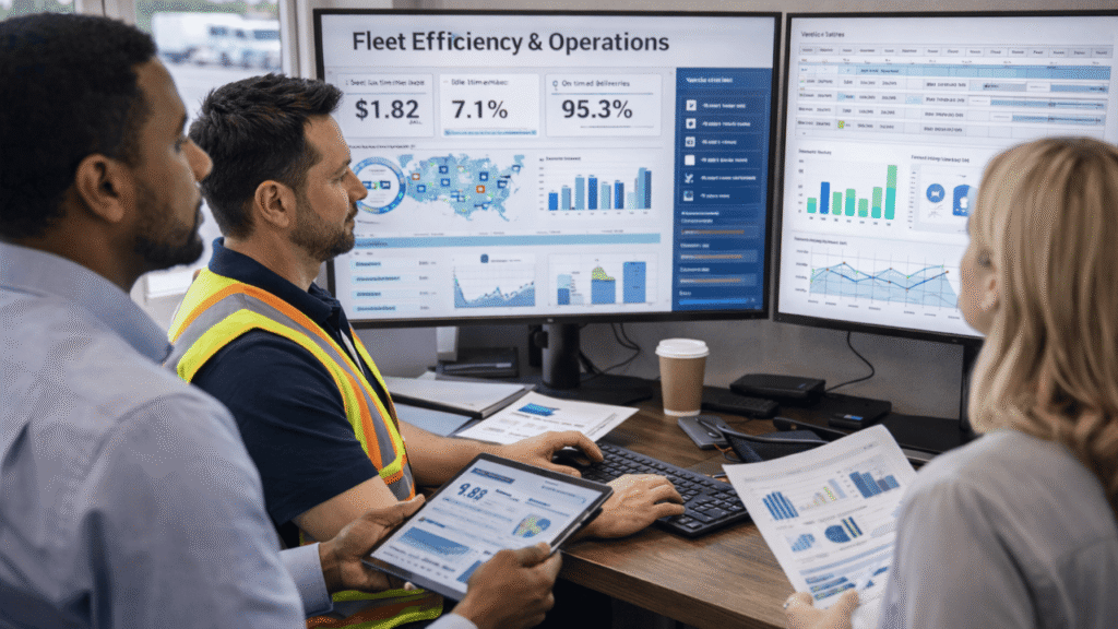 Fleet efficiency in trucking operations shown by managers monitoring dashboards for fuel cost per mile, idle time, on-time delivery, and fleet utilization to improve overall performance.