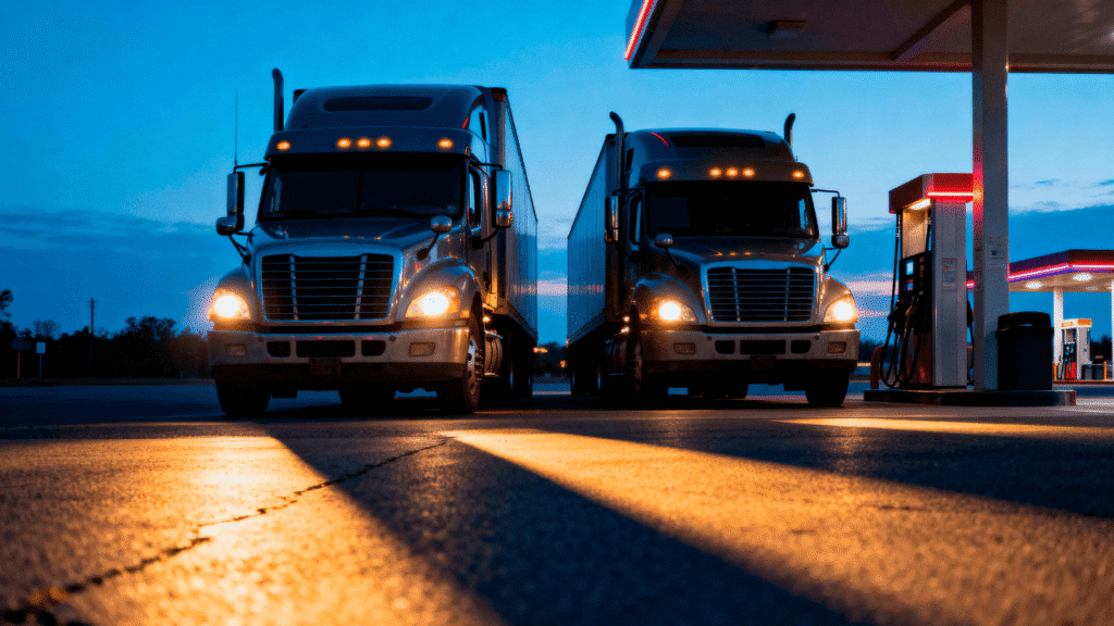 Two semi-trucks parked at a gas station at dusk, highlighting fleet fuel costs management and smarter refueling decisions.
