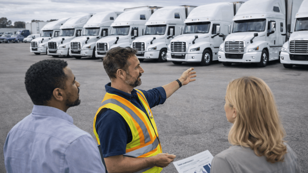 Fleet growth management illustrated by company leaders reviewing expansion plans and performance data while inspecting a growing lineup of semi-trucks at the fleet yard.