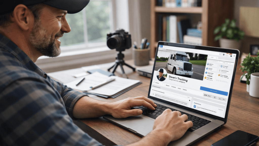 Owner-operator marketing tips illustrated by a truck owner building an online presence, managing a trucking business profile and social media page on a laptop from a home office.