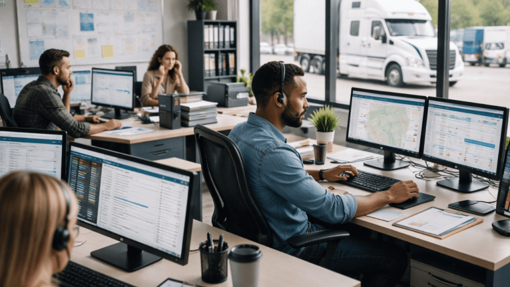 Fleet outsourcing back office team managing dispatch and paperwork on multiple monitors, with a semi-truck visible outside the window.