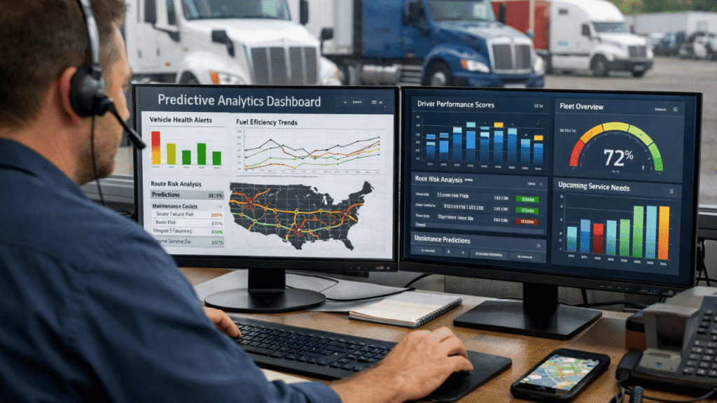 Predictive analytics dashboard on dual monitors in a trucking office, showing fleet health alerts, fuel efficiency trends, route risk map, driver performance scores, and upcoming service needs while trucks are visible outside the window.