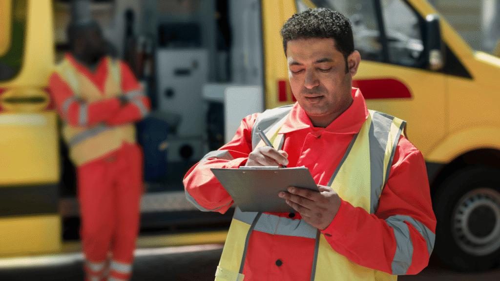 Worker completing a checklist on a clipboard beside a service vehicle, representing a structured fleet training program for safety and compliance.