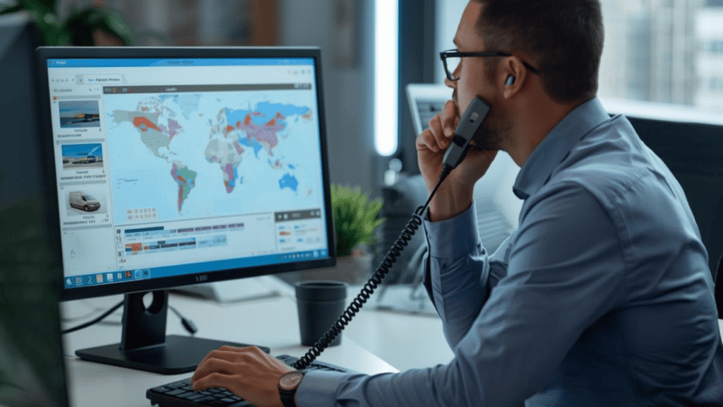 Freight broker career professional managing shipments on a computer while speaking on the phone in a logistics office.