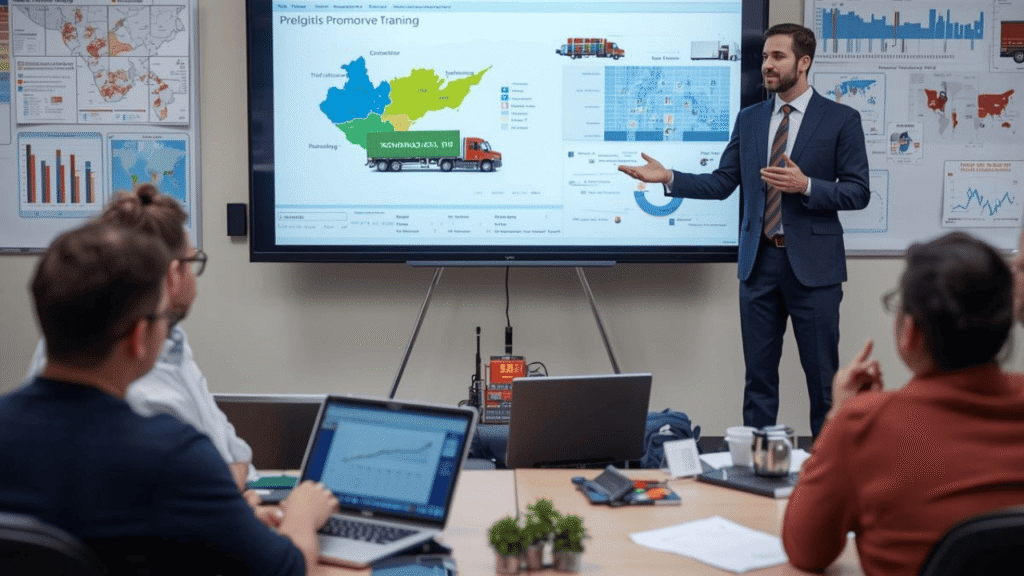 Freight brokerage training session with an instructor presenting lane and rate data on a large screen to a team.