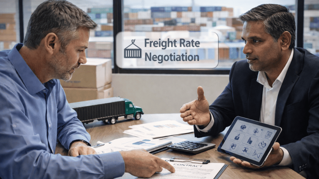 Two logistics professionals reviewing a contract and shipment data during a meeting, illustrating how carriers negotiate better freight rates with shippers through data-driven discussion and agreement.