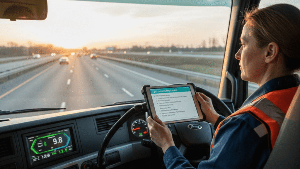 Truck driver reviewing fuel efficiency training on a tablet during a route.