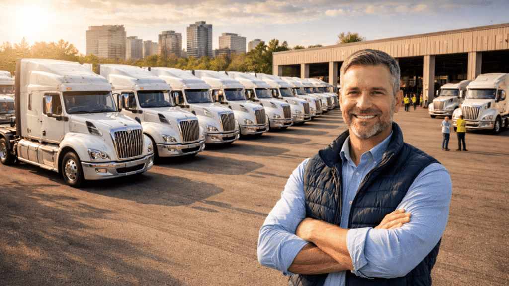 **Alt text:** Fleet manager standing in front of a growing lineup of semi-trucks at a modern yard, illustrating a **fleet expansion strategy in 2026** with increased capacity and organized operations.