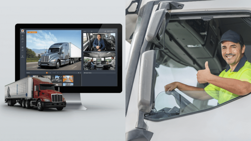 Online vs In-Person Driving Training comparison showing e-learning on a computer and a driver in a truck cab.
