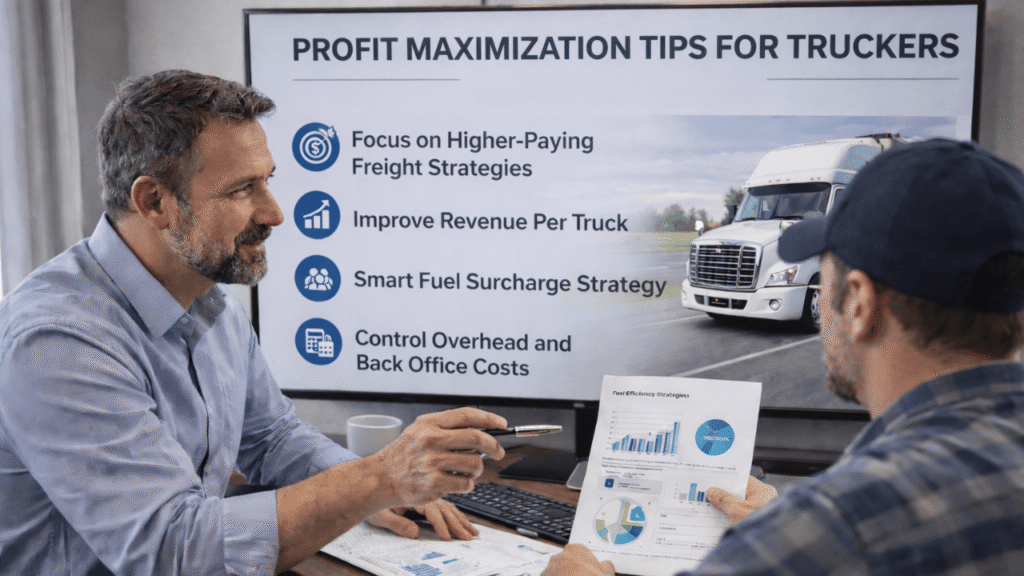 Profit maximization tips for truckers shown as a consultant and truck driver review strategies on reducing cost per mile, improving revenue per truck, smart fuel surcharge planning, and controlling overhead costs.