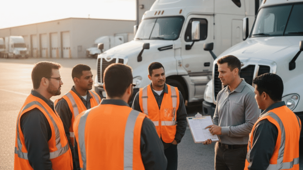 Ongoing safety training for truck drivers during a quick yard toolbox talk.”