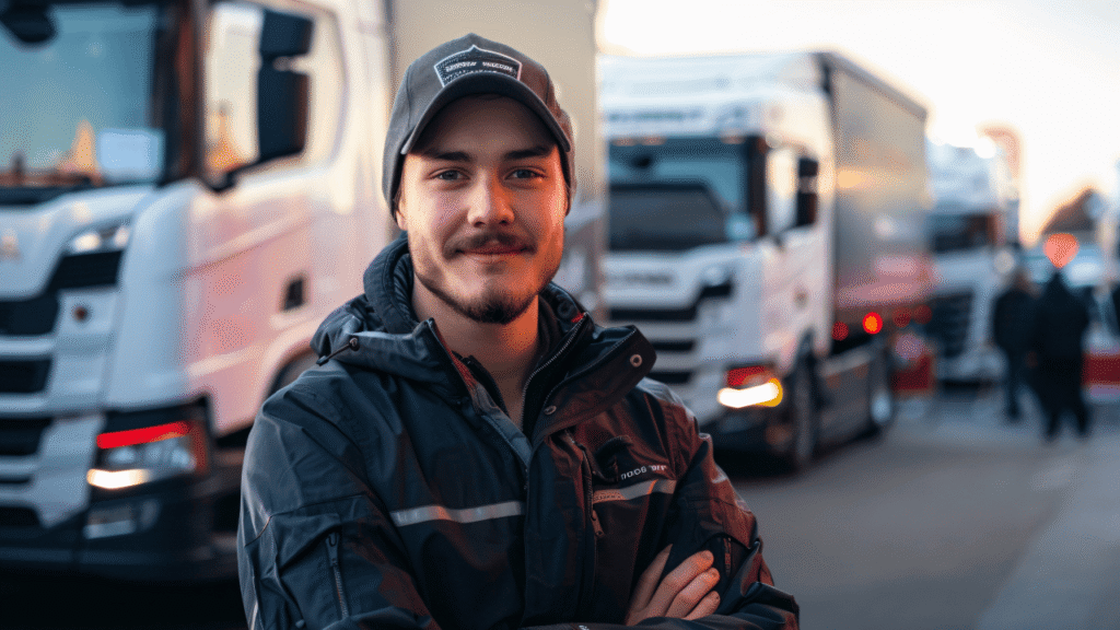 Scaling your trucking business represented by a confident truck driver standing in front of a growing line of semi-trucks, symbolizing fleet expansion and operational growth.