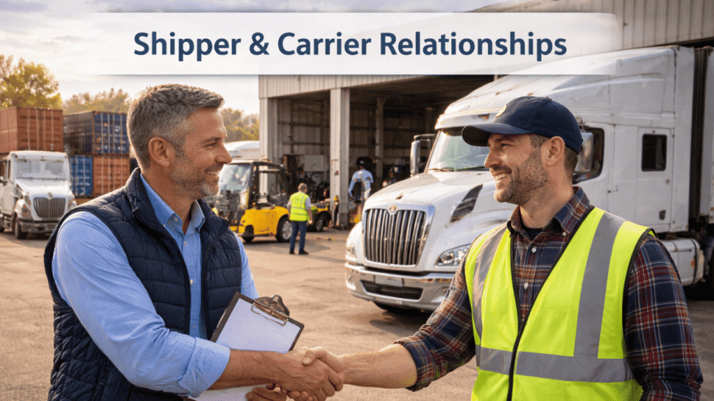 Shipper and truck driver shaking hands at a distribution center with trucks and loading docks in the background, representing strong shipper carrier relationships in the trucking business.