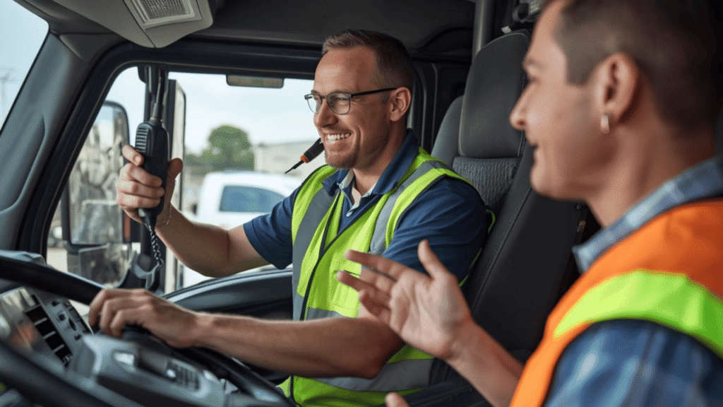Two drivers in a truck cab communicating by radio, showing truck driver soft skills like teamwork and clear communication.