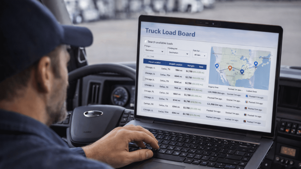 Truck load board displayed on a laptop inside a semi-truck cab, showing available freight loads, routes, rates, and destinations as a driver searches for loads.