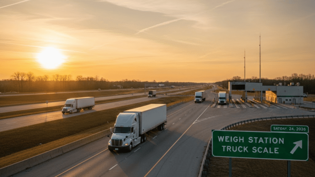 Trucks entering a weigh station to check truck weight and dimension limits.