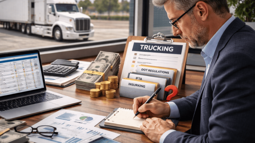 A fleet manager budgets trucking compliance costs at his desk using spreadsheets and a laptop, with a semi-truck visible through the office window in the background.