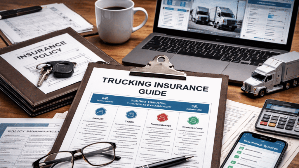Desk scene showing a “Trucking Insurance Guide” on a clipboard with policy documents, truck keys, a laptop, and a phone displaying insurance quotes for fleet coverage.