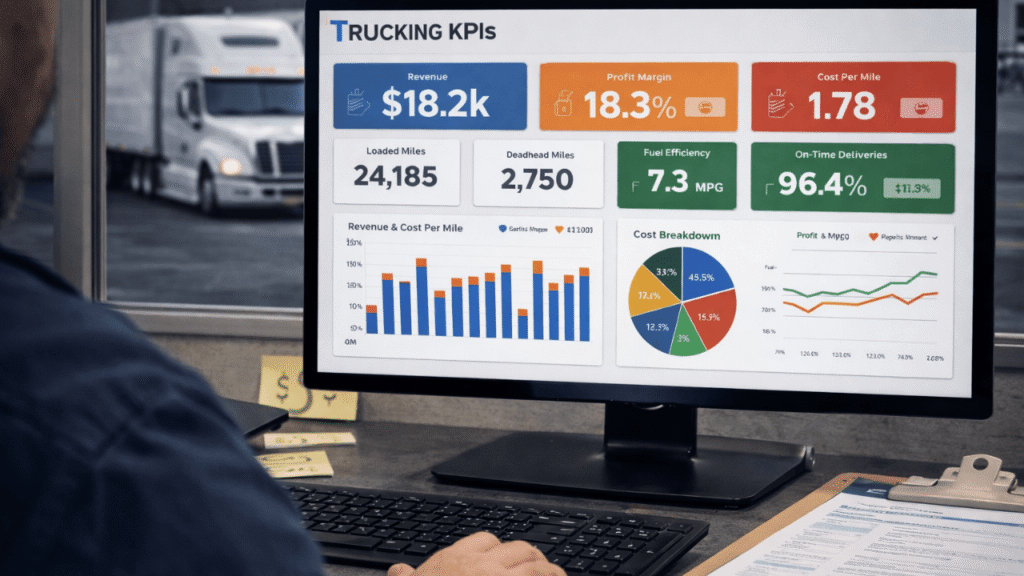 Fleet manager in an office reviewing trucking KPI dashboards to improve trucking profitability, with a semi-truck visible through the window in the background.