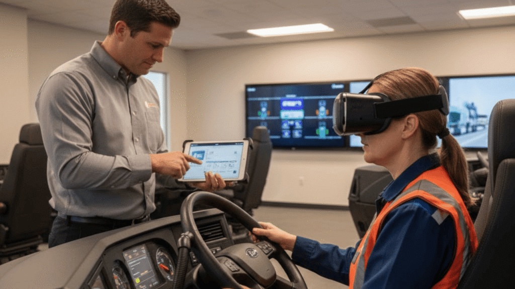 VR driver training session with an instructor coaching a driver in a truck simulator.